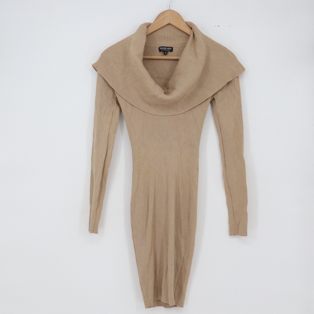 Fashion Nova Sweater Dress Womens M Cowl Neck Tan Ribbed Knit Excellent
